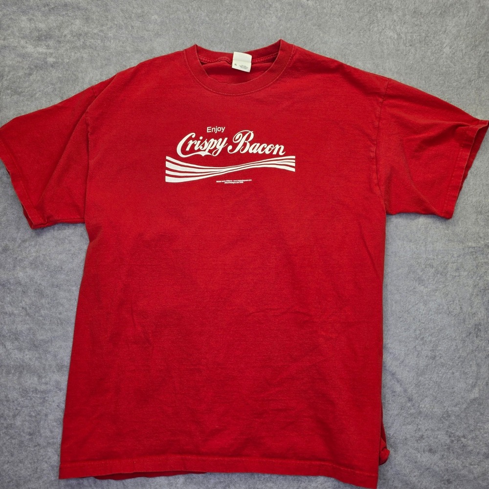 Fruit of the Loom Enjoy Crispy Bacon Parody Graphic T-Shirt Red Mens XL 2009